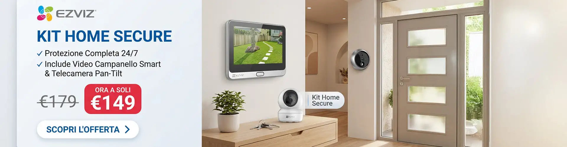 Kit Ezviz per la sicurezza domestica, un elegante sistema di sicurezza bianco che include un videocitofono intelligente e una telecamera pan-tilt montata su una moderna console in legno.