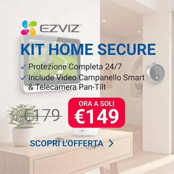 Kit videocitofono smart bianco EZVIZ e telecamera di sicurezza con pan-tilt esposto su un tavolo di legno.