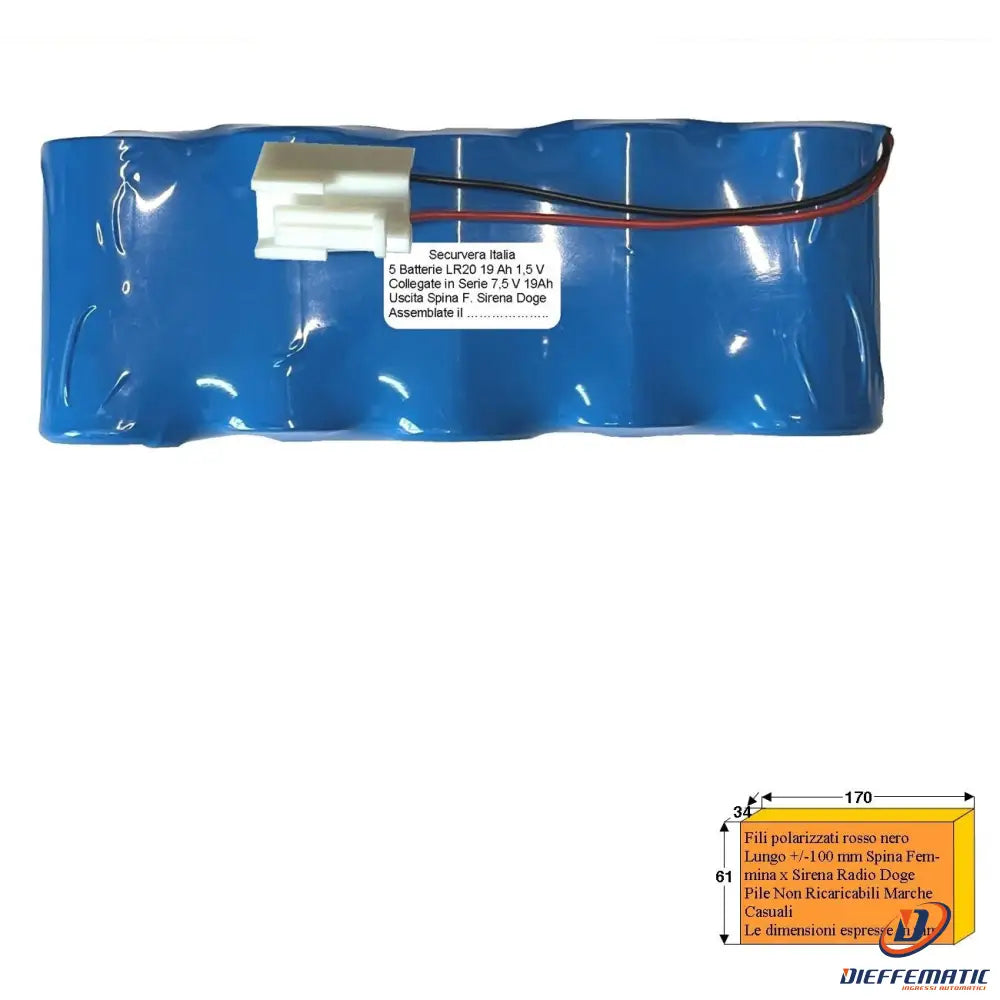 Pacco Batteria 7,5 V 19Ah 5 Pile Alcaline Per Sirene