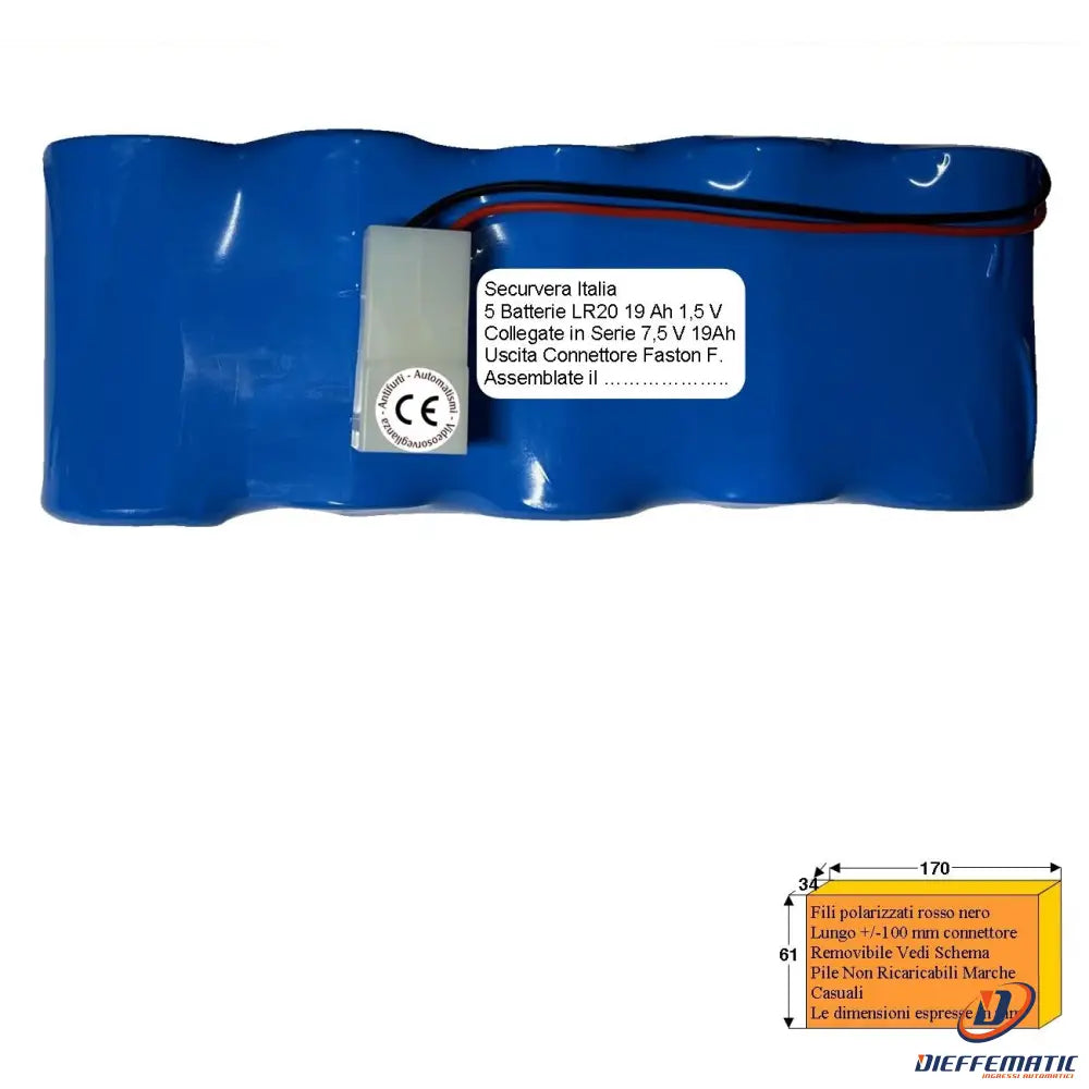 Pacco Batteria 7,5V 19Ah 5 Pile Alcaline Uscita Faston