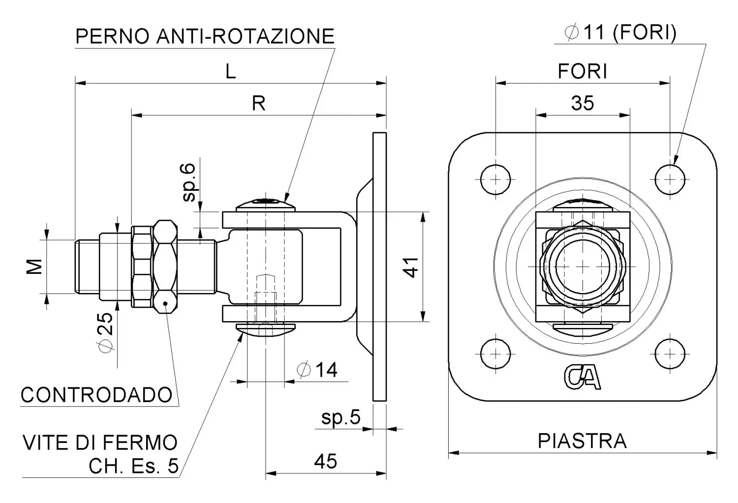 Cardine Con Piastra 80x80 Per Apertura A 180° Con Boccola