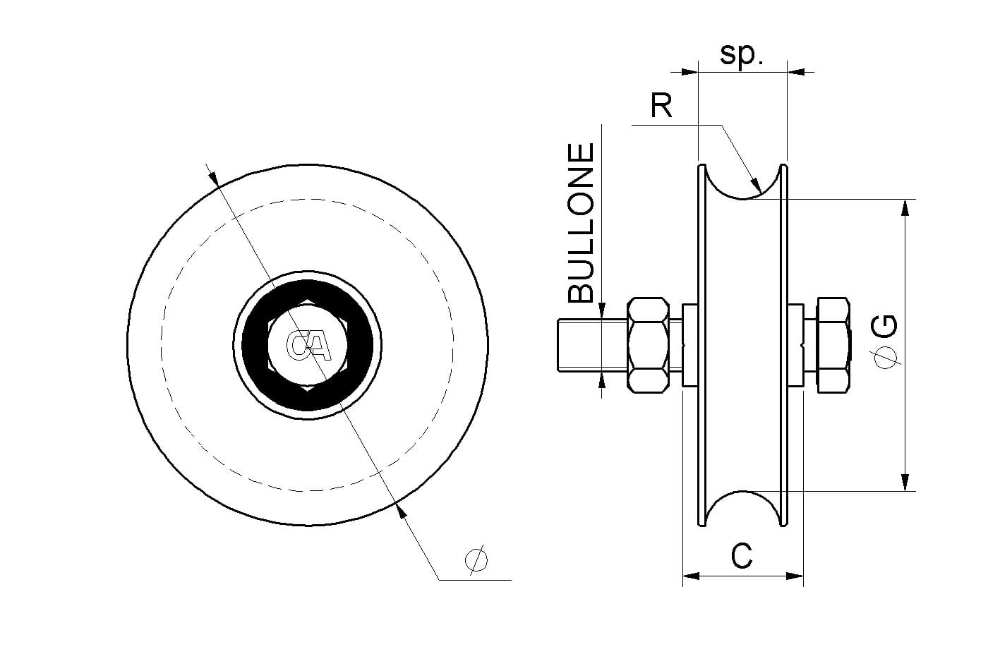 Ruota 1 Cuscinetto Gola Tonda Inox (binario Ø20)