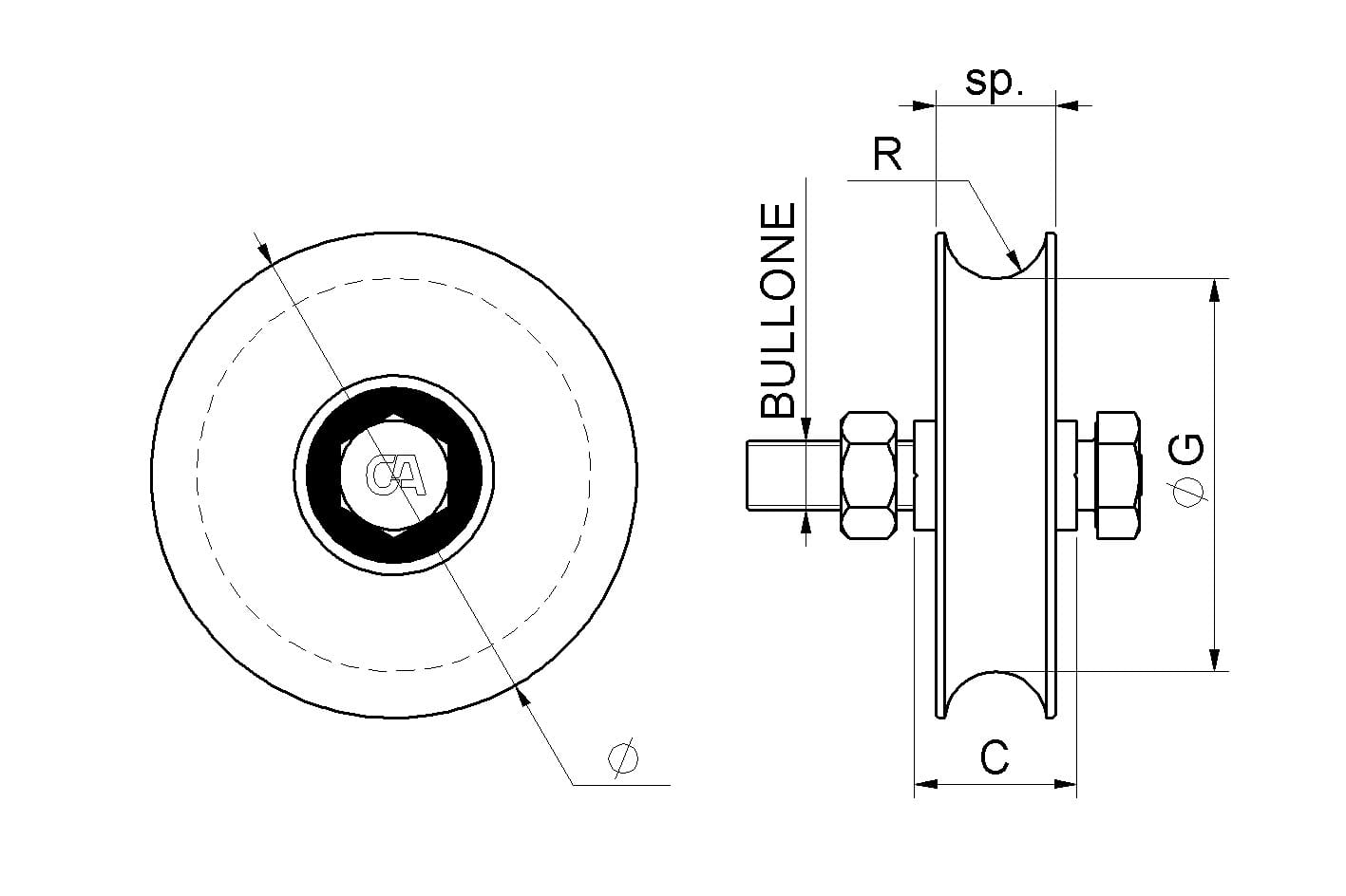 Ruota 1 Cuscinetto Gola Tonda Nylon (binario Ø20)