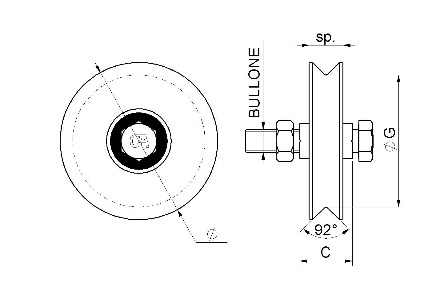 Ruota 1 Cuscinetto Gola V Nylon Bullone Zincato 402ny.100