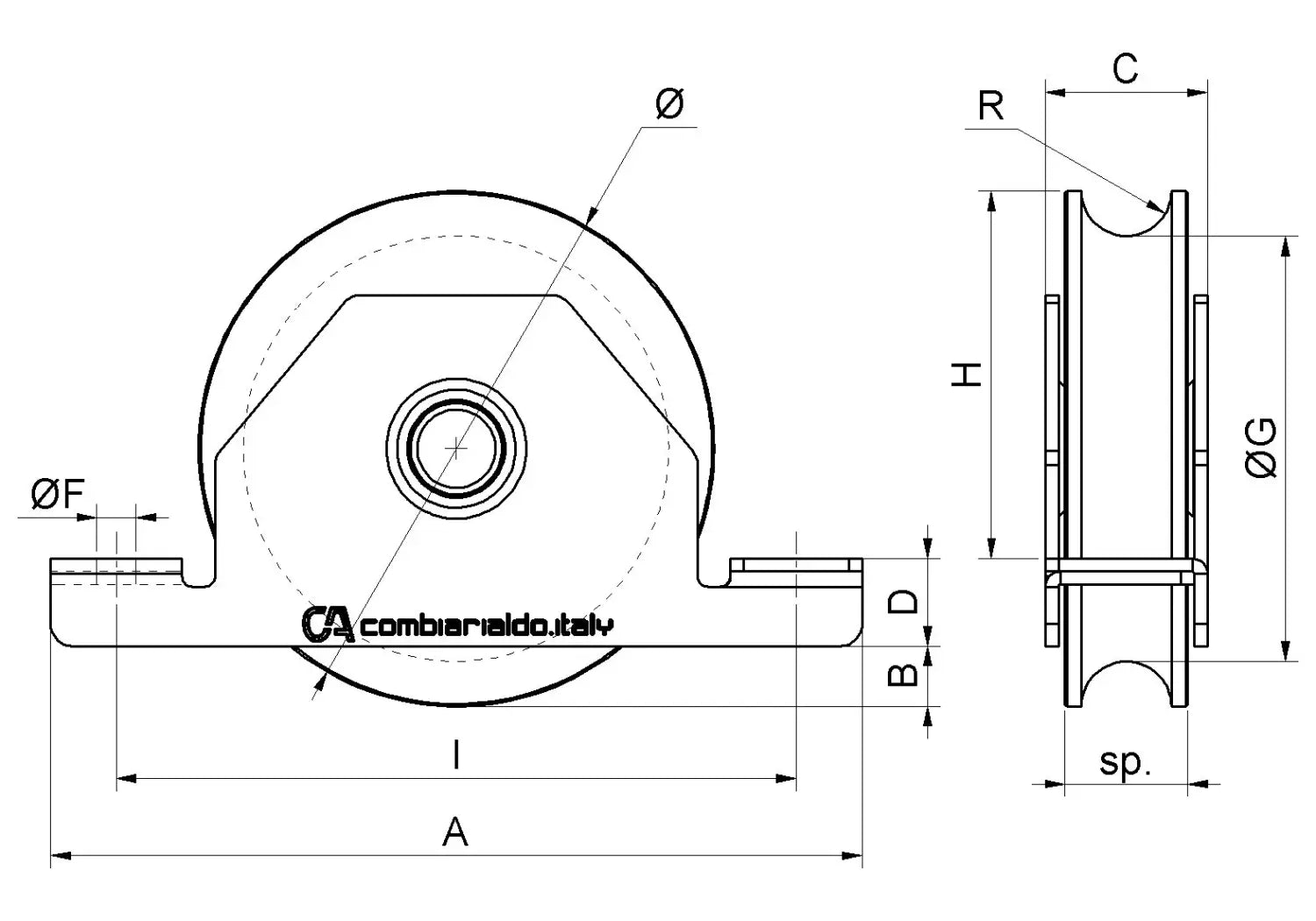 Ruota 2 Cuscinetti Gola Tonda Supporto Interno Inox