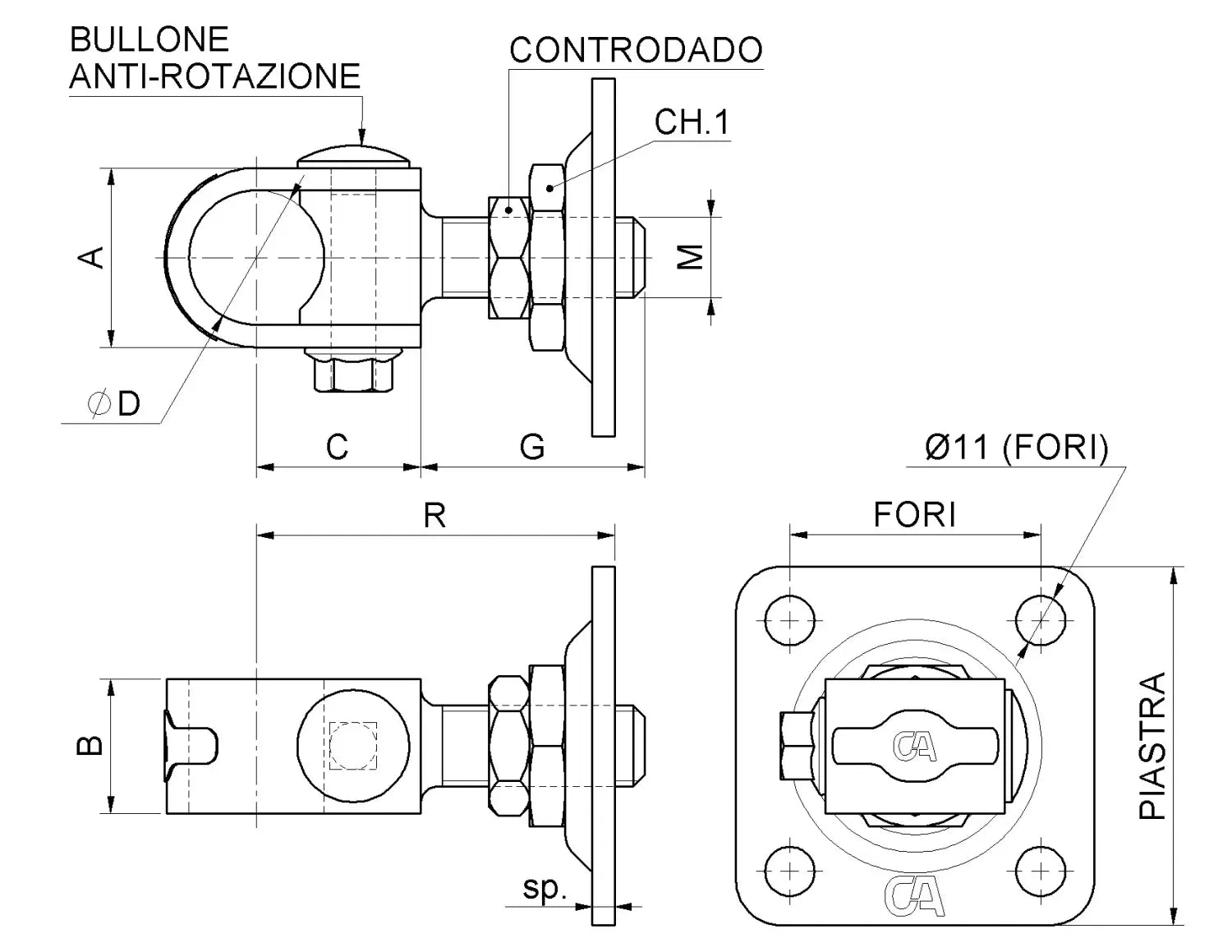 Cardine A Fascetta Con Piastra 80x80 E Controdado Ø30