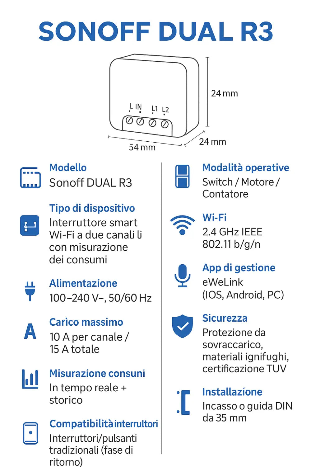 Sonoff Dual R3 Interruttore Smart 2 Ch Switch Controllo