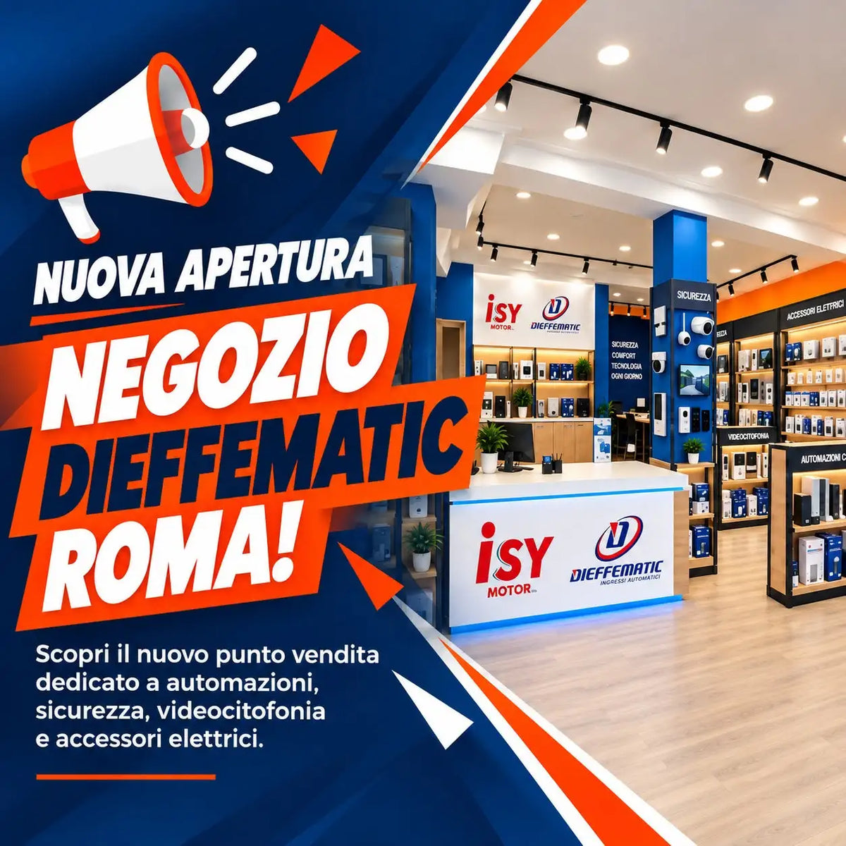 Banco vendita retail blu e bianco con i loghi ‘isy motor’ e ‘dieffematic’