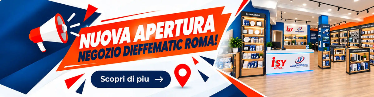 L'immagine mostra un banner promozionale per il nuovo store diefematic a Roma, che ne mette in evidenza l'interno moderno con scaffali pieni di prodotti e segnaletica con marchio.
