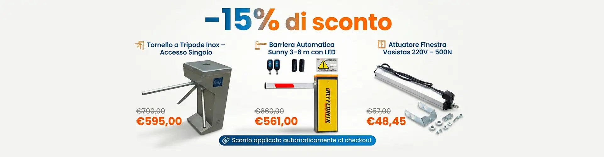 L'immagine mostra tre dispositivi distinti di controllo automatico degli accessi: un tornello a treppiede in acciaio inossidabile, una barriera a 3-6 metri dotata di LED con colorazione gialla e nera, e un attuatore per finestre del marchio Vositas.