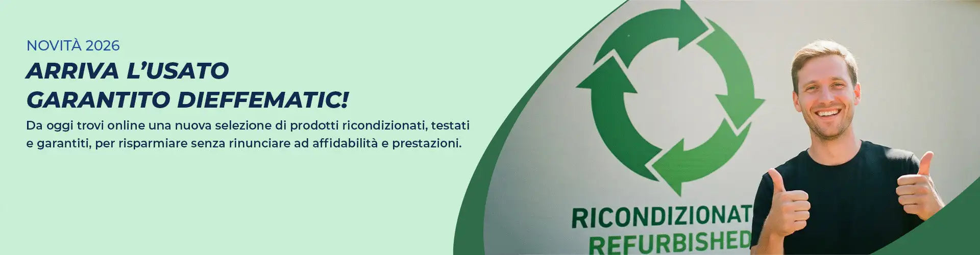 Logo circolare verde del riciclaggio con frecce e testo 'ricondizionato refurbished' sotto di esso